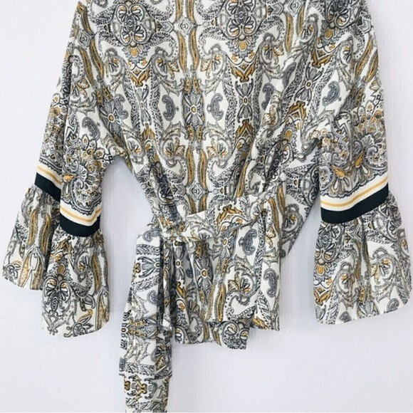New! Max Studio Bohemian Floral Paisley Wrap Bell Sleeve Blouse Top - Picture 5 of 8